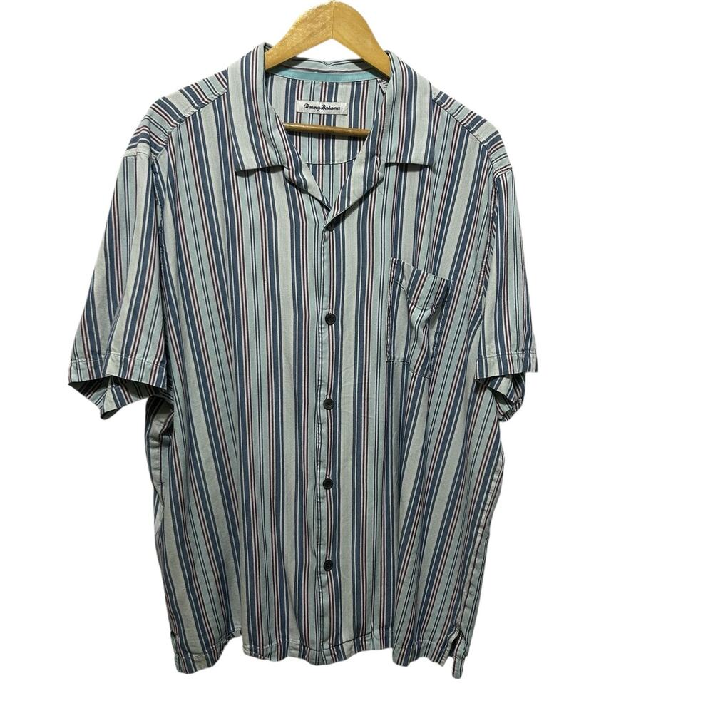 Tommy Bahama Mens XXL Silk Shirt Beige Blue Stripe‎ Button Up Camp Retro